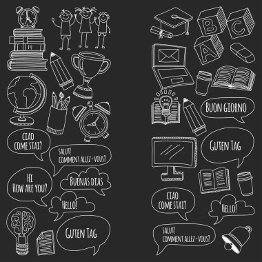 Dil Okulu doodle simgeler yazı tahtası