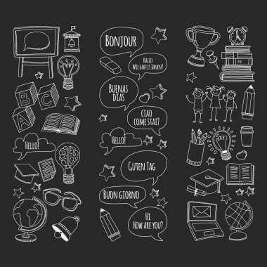 Dil Okulu doodle simgeler yazı tahtası