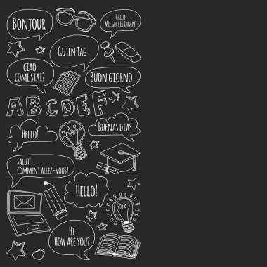 Dil Okulu doodle simgeler yazı tahtası