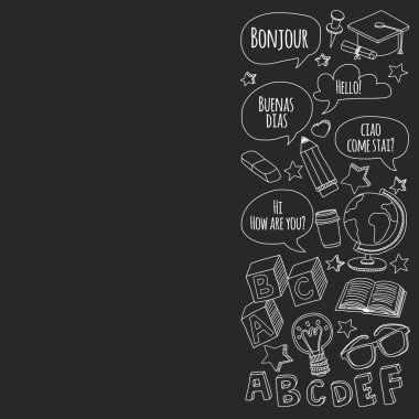 Dil Okulu doodle simgeler yazı tahtası