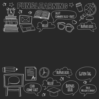 Dil Okulu doodle simgeler yazı tahtası