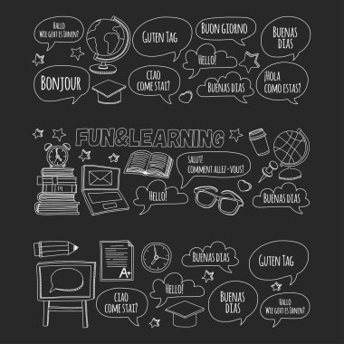 Dil Okulu doodle simgeler yazı tahtası