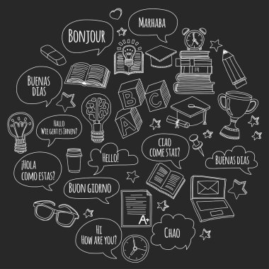 Dil Okulu doodle simgeler yazı tahtası