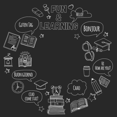 Dil Okulu doodle simgeler yazı tahtası