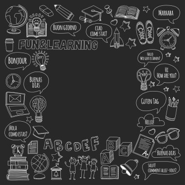 Dil Okulu doodle simgeler yazı tahtası