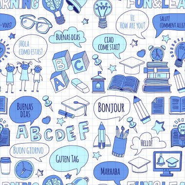 Dil Okulu doğrusal doodle simgeler defter kağıt üzerinde