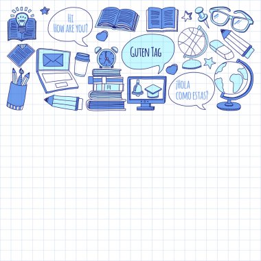 Dil Okulu doğrusal doodle simgeler defter kağıt üzerinde