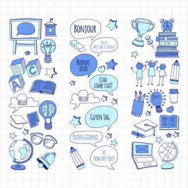 Dil Okulu doğrusal doodle simgeler defter kağıt üzerinde