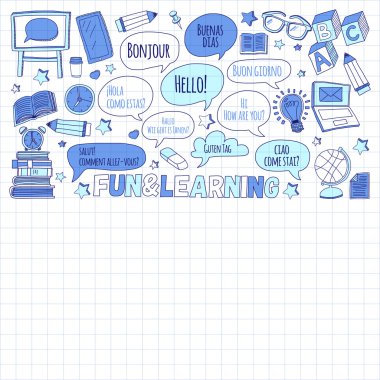 Dil Okulu doğrusal doodle simgeler defter kağıt üzerinde