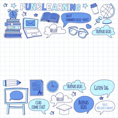 Dil Okulu doğrusal doodle simgeler defter kağıt üzerinde