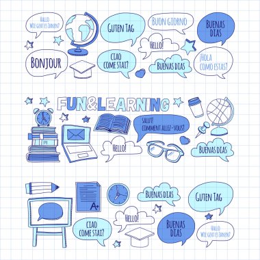 Dil Okulu doğrusal doodle simgeler defter kağıt üzerinde