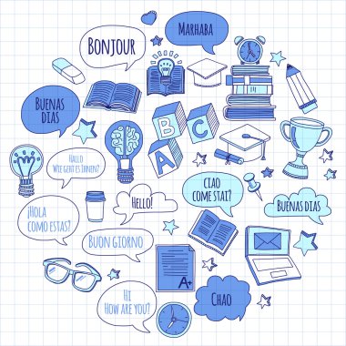 Dil Okulu doğrusal doodle simgeler defter kağıt üzerinde