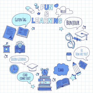 Dil Okulu doğrusal doodle simgeler defter kağıt üzerinde