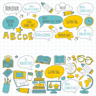 Dil Okulu doğrusal doodle simgeler defter kağıt üzerinde