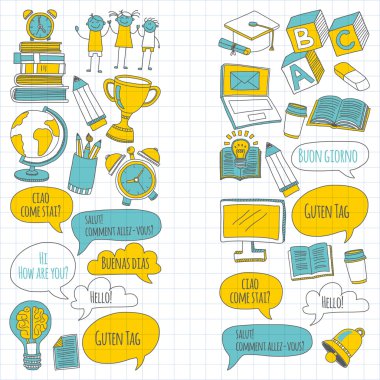 Dil Okulu doğrusal doodle simgeler defter kağıt üzerinde