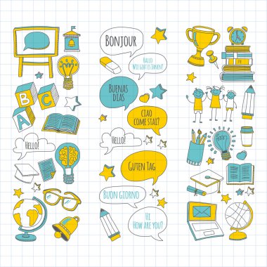 Dil Okulu doğrusal doodle simgeler defter kağıt üzerinde