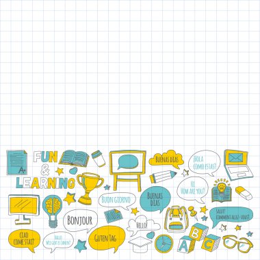 Dil Okulu doğrusal doodle simgeler defter kağıt üzerinde