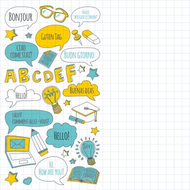 Dil Okulu doğrusal doodle simgeler defter kağıt üzerinde