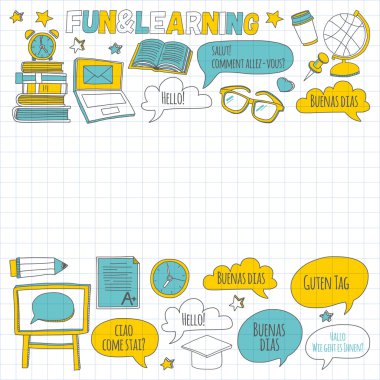 Dil Okulu doğrusal doodle simgeler defter kağıt üzerinde