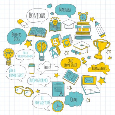 Dil Okulu doğrusal doodle simgeler defter kağıt üzerinde