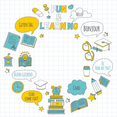 Dil Okulu doğrusal doodle simgeler defter kağıt üzerinde