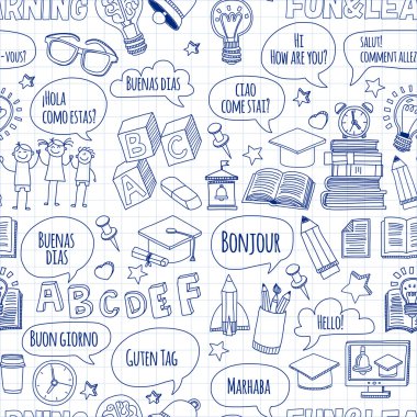 Dil Okulu doğrusal doodle simgeler defter kağıt üzerinde