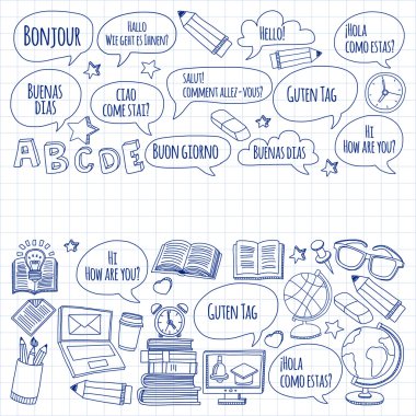 Dil Okulu doğrusal doodle simgeler defter kağıt üzerinde