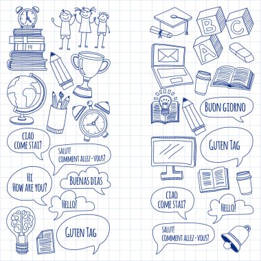 Dil Okulu doğrusal doodle simgeler defter kağıt üzerinde