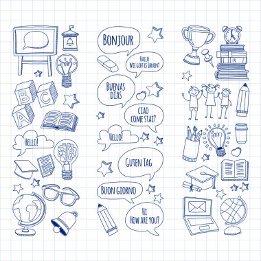 Dil Okulu doğrusal doodle simgeler defter kağıt üzerinde