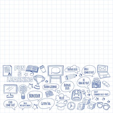 Dil Okulu doğrusal doodle simgeler defter kağıt üzerinde