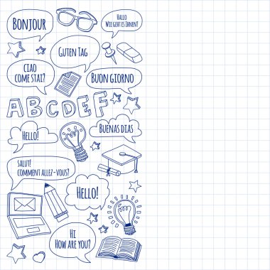 Dil Okulu doğrusal doodle simgeler defter kağıt üzerinde