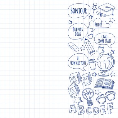 Dil Okulu doğrusal doodle simgeler defter kağıt üzerinde