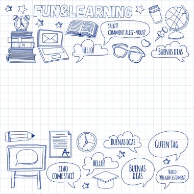 Dil Okulu doğrusal doodle simgeler defter kağıt üzerinde