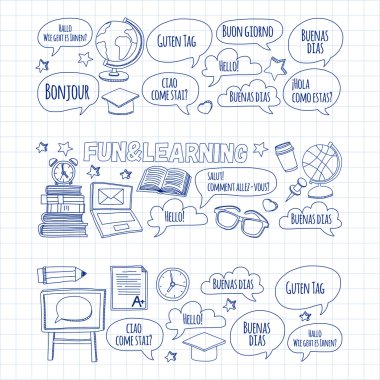 Dil Okulu doğrusal doodle simgeler defter kağıt üzerinde