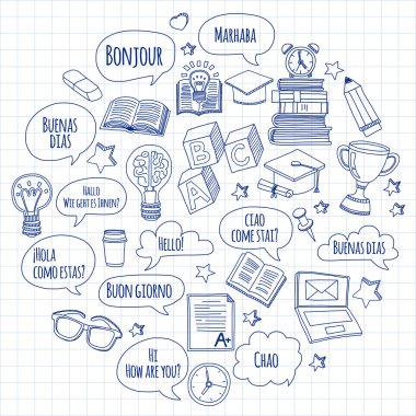 Dil Okulu doğrusal doodle simgeler defter kağıt üzerinde