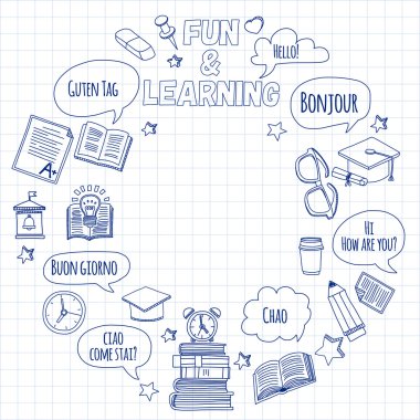 Dil Okulu doğrusal doodle simgeler defter kağıt üzerinde