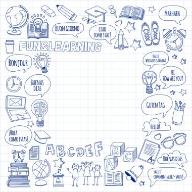 Language school linear doodle icons on notebook paper clipart