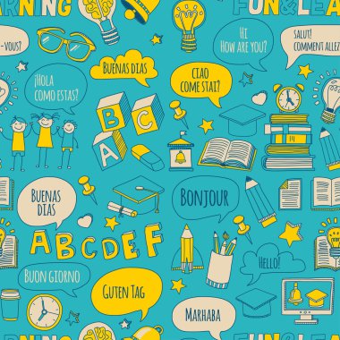 Doodle vektör simgeler yabancı dil öğrenme