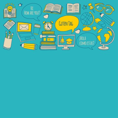 Doodle vektör simgeler yabancı dil öğrenme