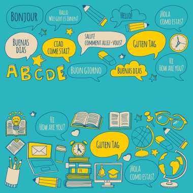 Doodle vektör simgeler yabancı dil öğrenme