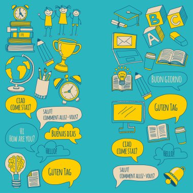 Doodle vektör simgeler yabancı dil öğrenme