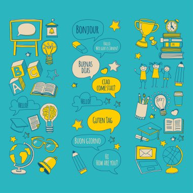 Doodle vektör simgeler yabancı dil öğrenme
