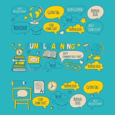 Doodle vektör simgeler yabancı dil öğrenme