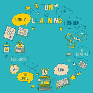 Doodle vektör simgeler yabancı dil öğrenme