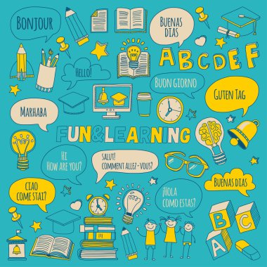 Doodle vektör simgeler yabancı dil öğrenme