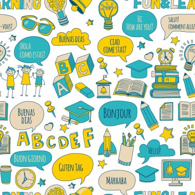 Doodle vektör simgeler yabancı dil öğrenme