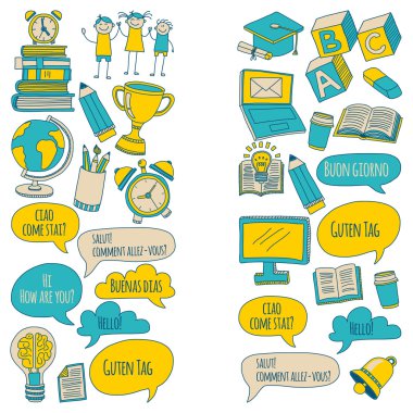 Doodle vektör simgeler yabancı dil öğrenme