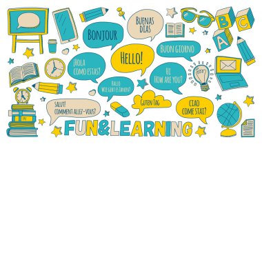 Doodle vektör simgeler yabancı dil öğrenme