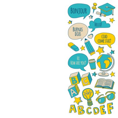 Doodle vektör simgeler yabancı dil öğrenme