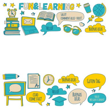 Doodle vektör simgeler yabancı dil öğrenme